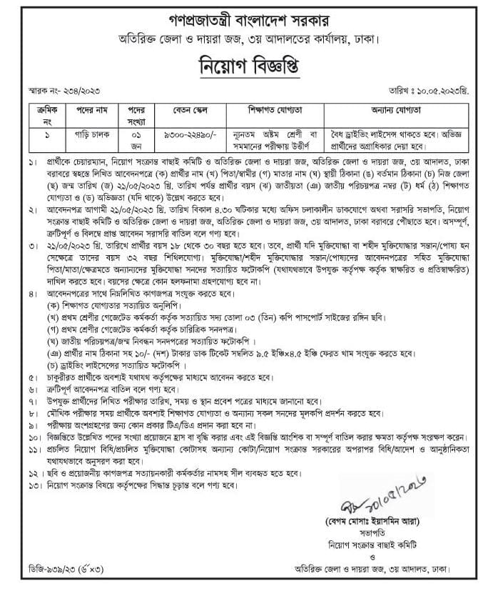 Dhaka Additional District Judge Court Job Circular 2023