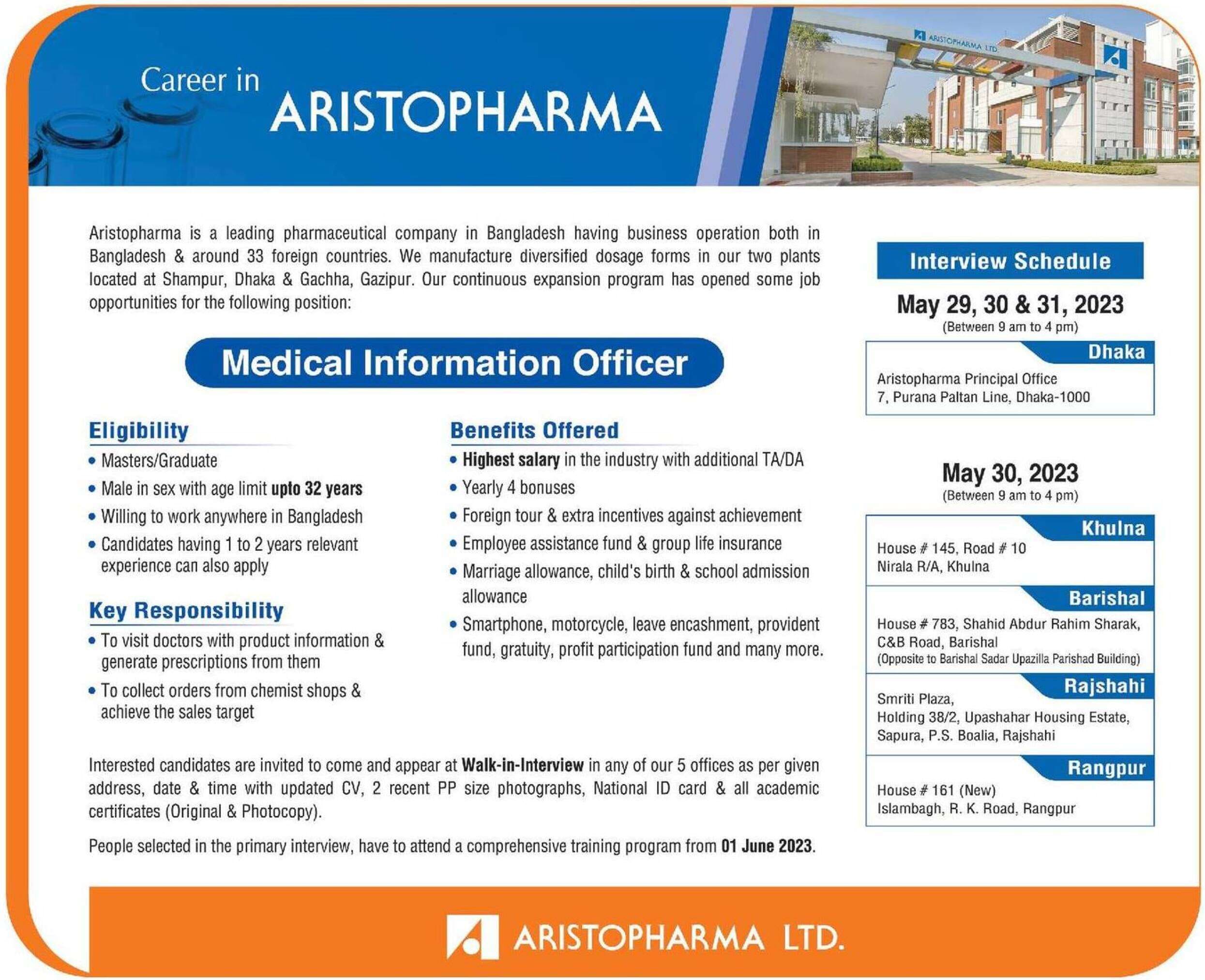 Aristopharma Ltd Job Circular 2023