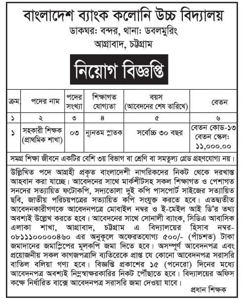 Bangladesh Bank Colony High School Job Circular 2023