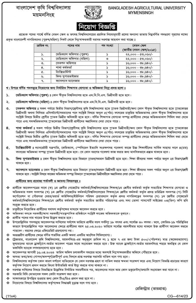 Bangladesh Agricultural University Job Circular 2023