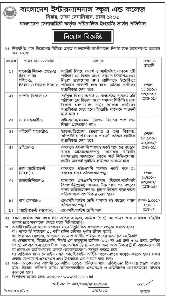 Bangladesh International School and College Job Circular 2023