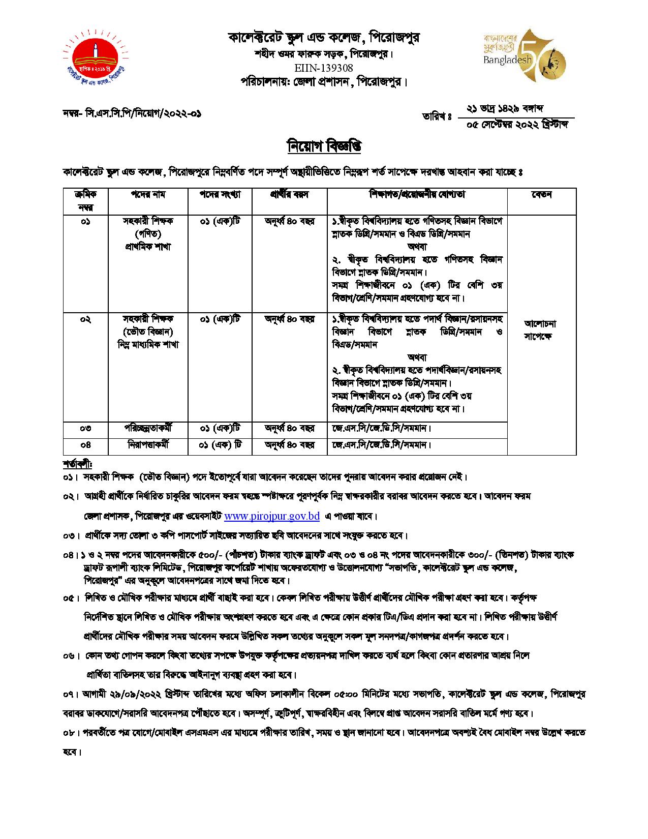 Pirojpur Collectorate School and College Job Circular 2023