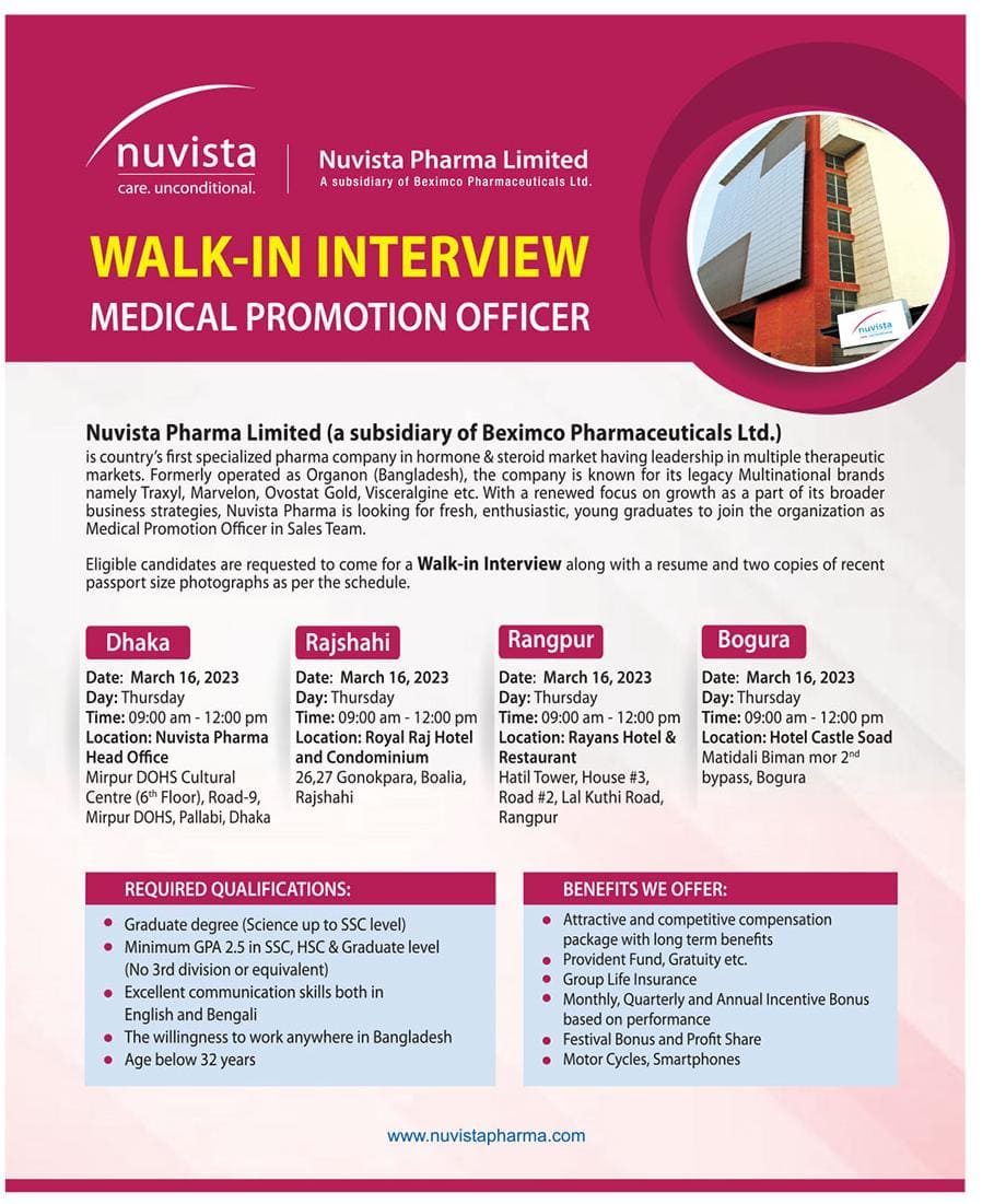Nuvista Pharma Job Circular 2023