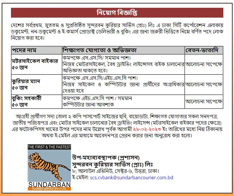 Sundarban Courier Service Job Circular 2023 